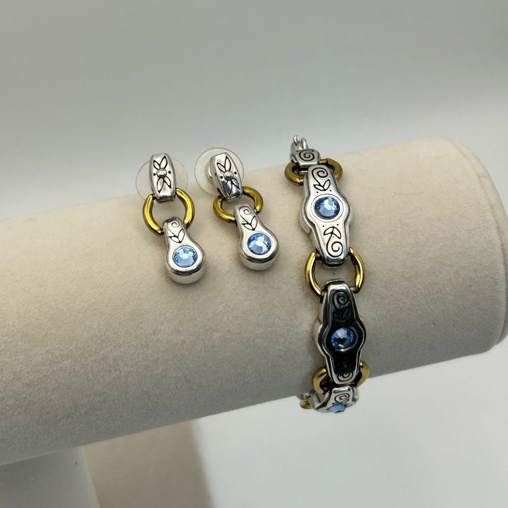 Brighton Celestial Blue Bracelet & Earrings Set Blue Crystals Two-tone Links - Picture 3 of 13